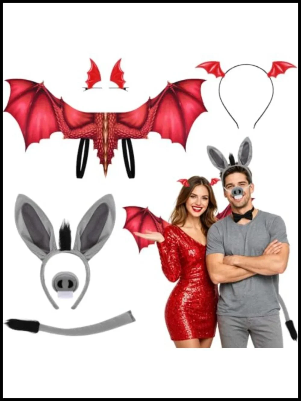 Halloween Couple Costume Accessories Set Dragon Wings Headband Donkey Ears Nose